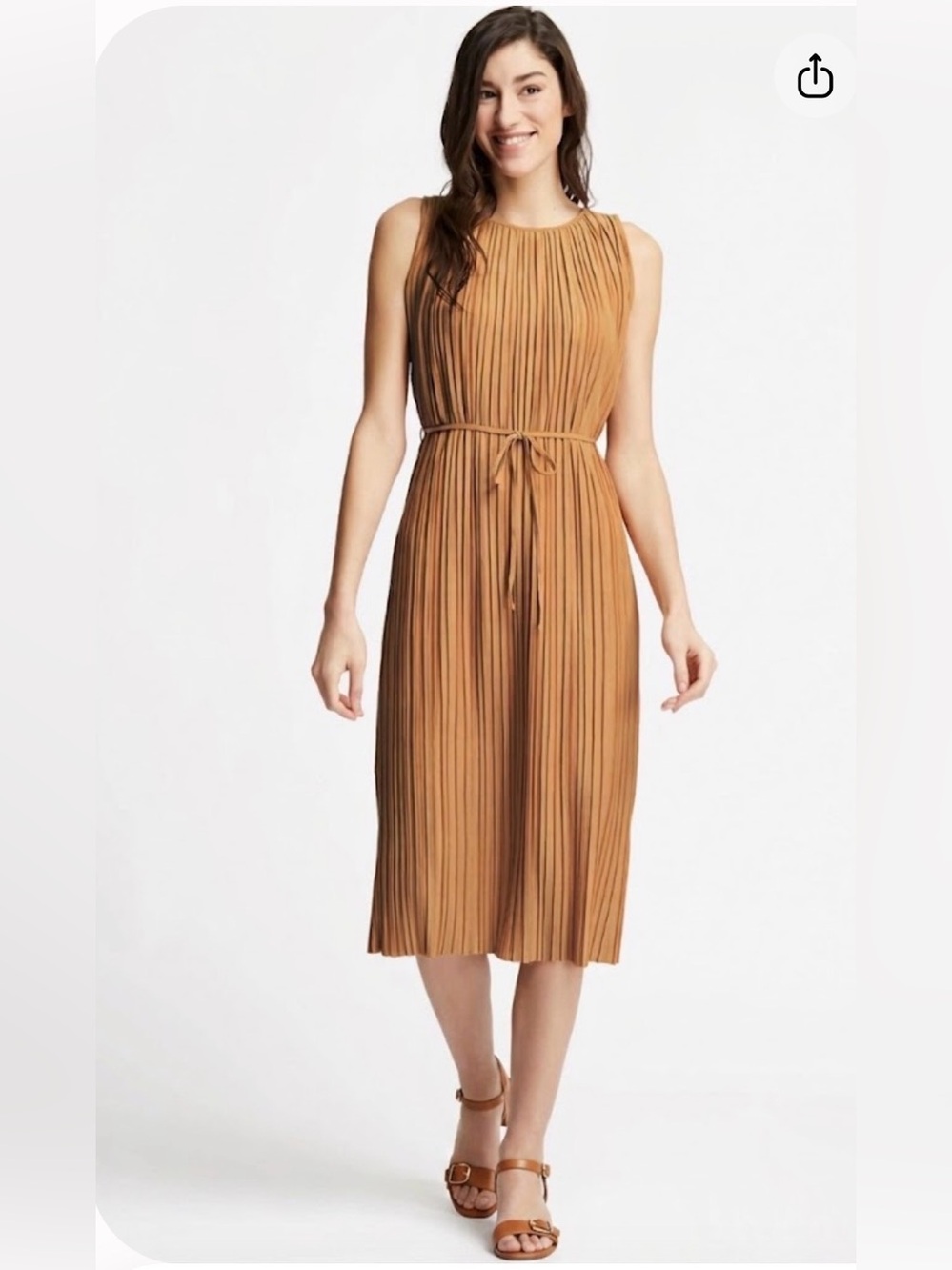 Uniqlo Sleeveless Pleated Midi Dress in Camel Brown